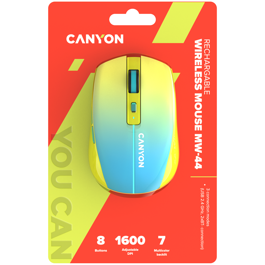 CANYON Mysz bezprzewodowa MW-44 Ładowanie USB-C Żółto - Niebieska