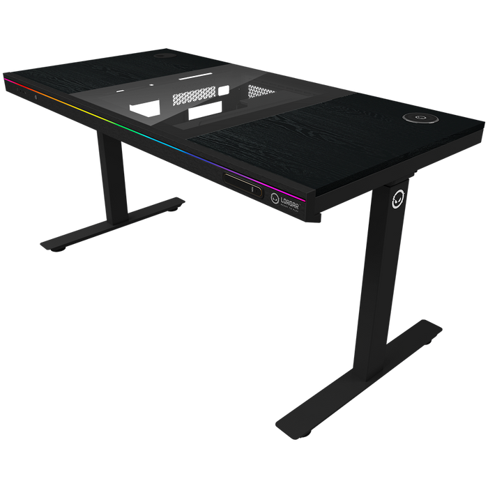 Dual-motor sit/stand adjustable-height gaming desk with built-in PC case, wireless charger, RGB lighting, control panel, and USB ports, PB melamine surface tabletop, black.