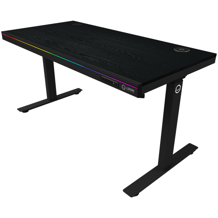 Dual-motor sit/stand adjustable-height gaming desk with wireless charger, RGB lighting, control panel, and USB ports, PB melamine surface tabletop, black.