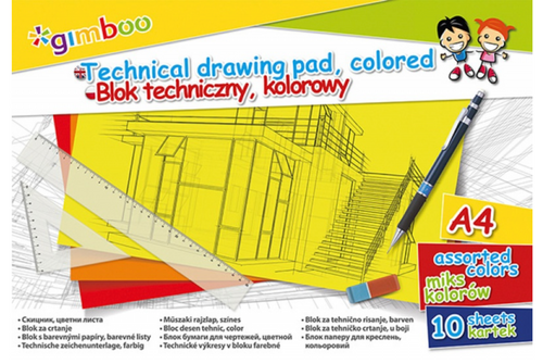 Blok techniczny GIMBOO, A4, 10 kart., 150gsm, mix kolorów