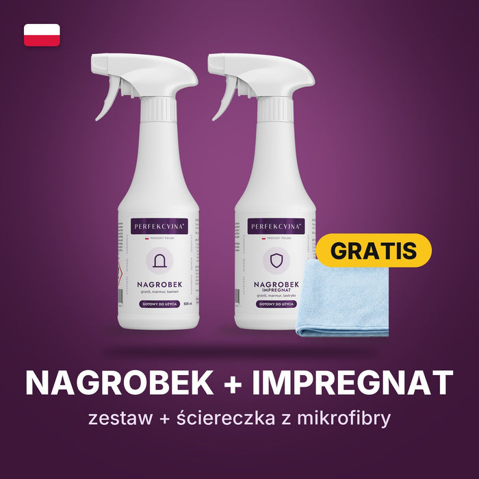 PERFEKCYJNA Zestaw do nagrobka i pomnika – płyn do czyszczenia 500 ml + impregnat 500 ml + ściereczka z mikrofibry