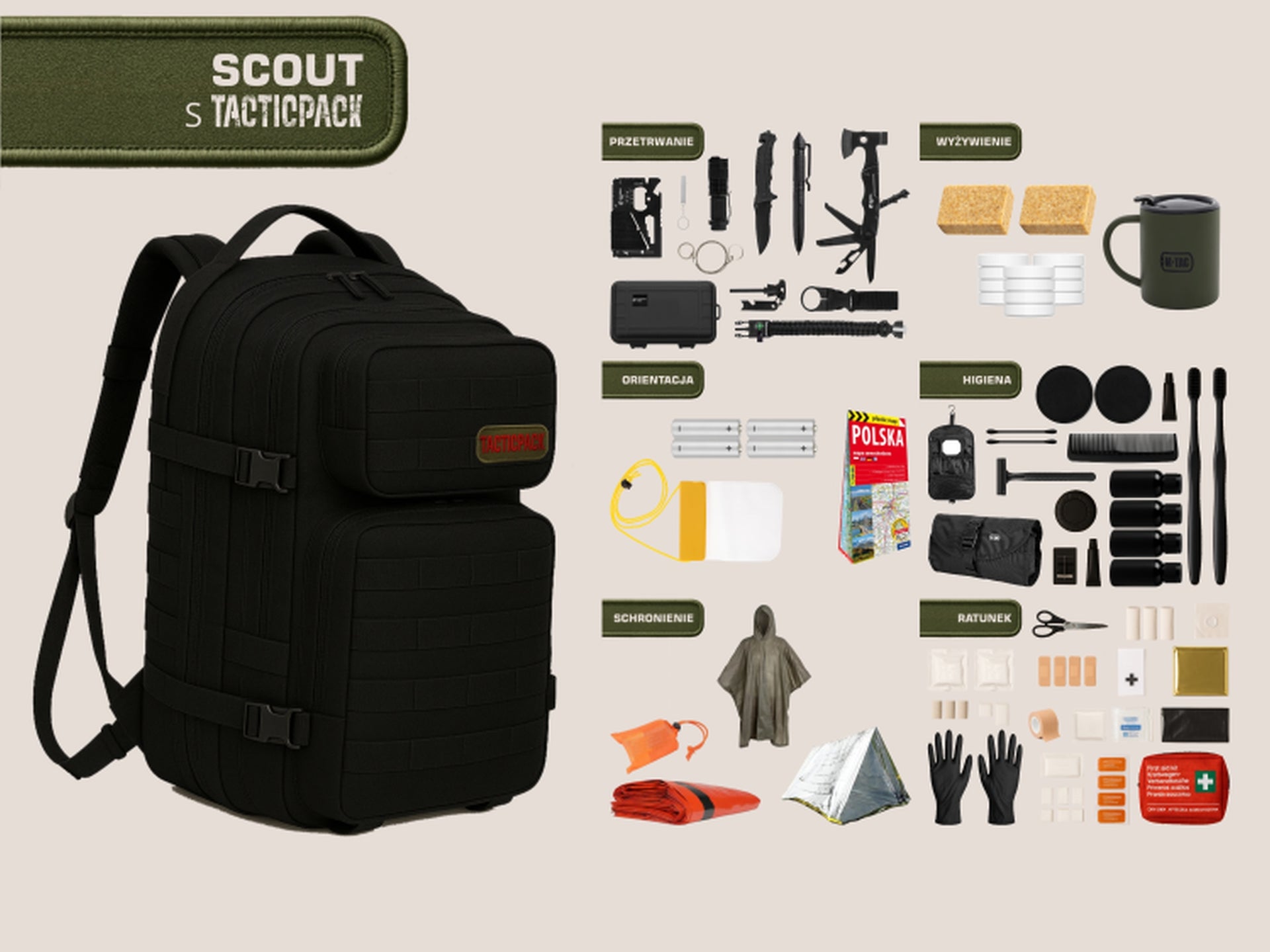 TACTICPACK S SCOUT (PLECAK BEZPIECZEŃSTWA)  Plecak ewakuacyjny z wyposażeniem kolor czarny
