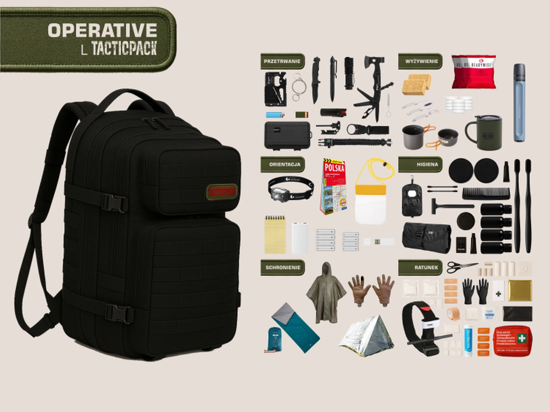 TACTICPACK L OPERATIVE (PLECAK BEZPIECZEŃSTWA)  Plecak ewakuacyjny z wyposażeniem kolor czarny