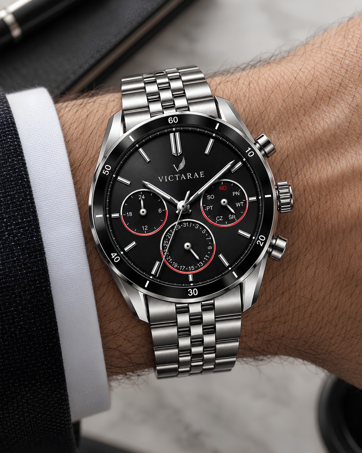 Zegarek Victarae Semper Fidelis - Men Silver (czarna tarcza)