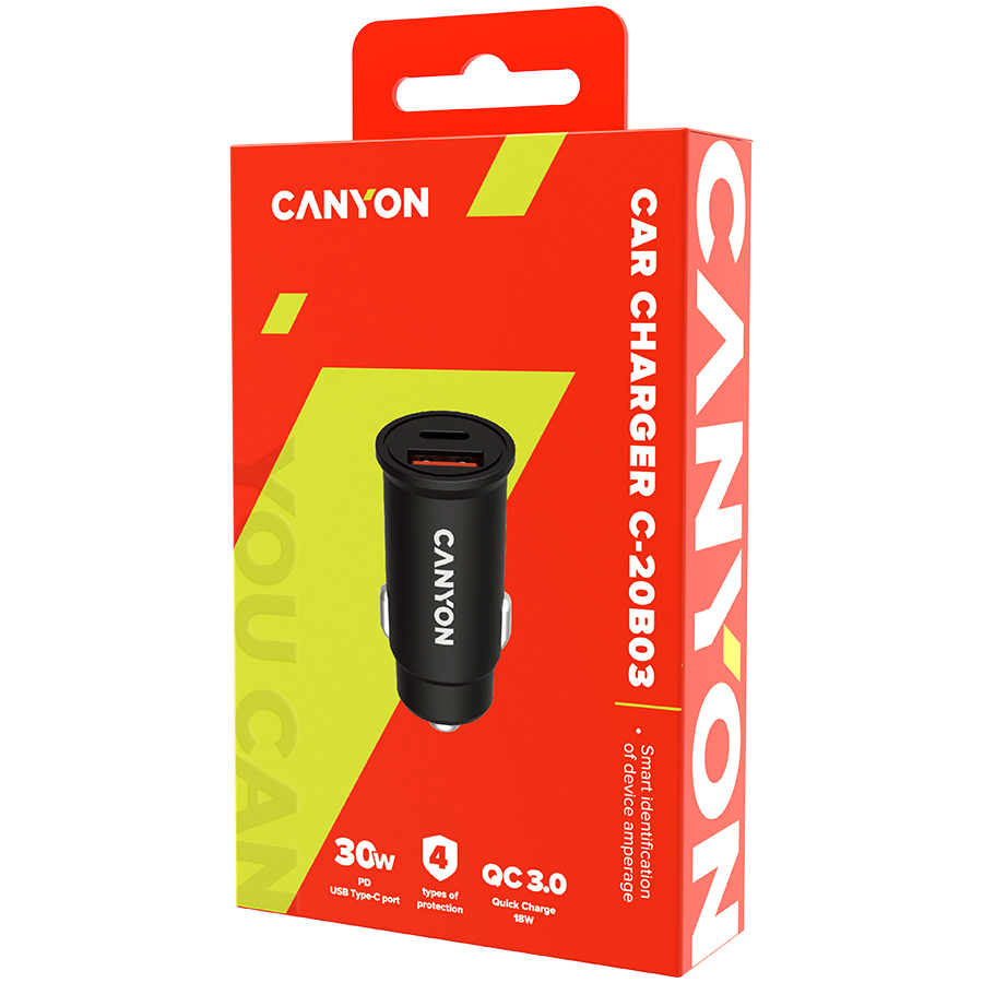 CANYON Ładowarka samoch. C-20-03 PD30W QC3.0 USB-C USB-A Czarna