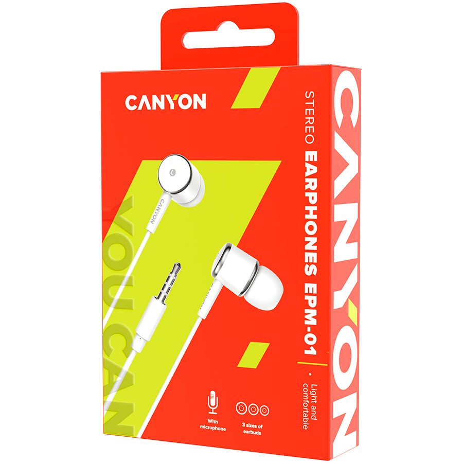 CANYON Słuchawki dokanałowe EPM-01 Mic Mini-Jack 1.2m Białe-3