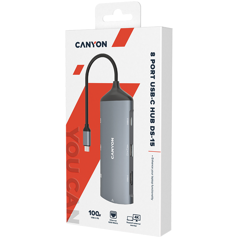 CANYON HUB DS-15 8 w 1  4k USB-C Szary
