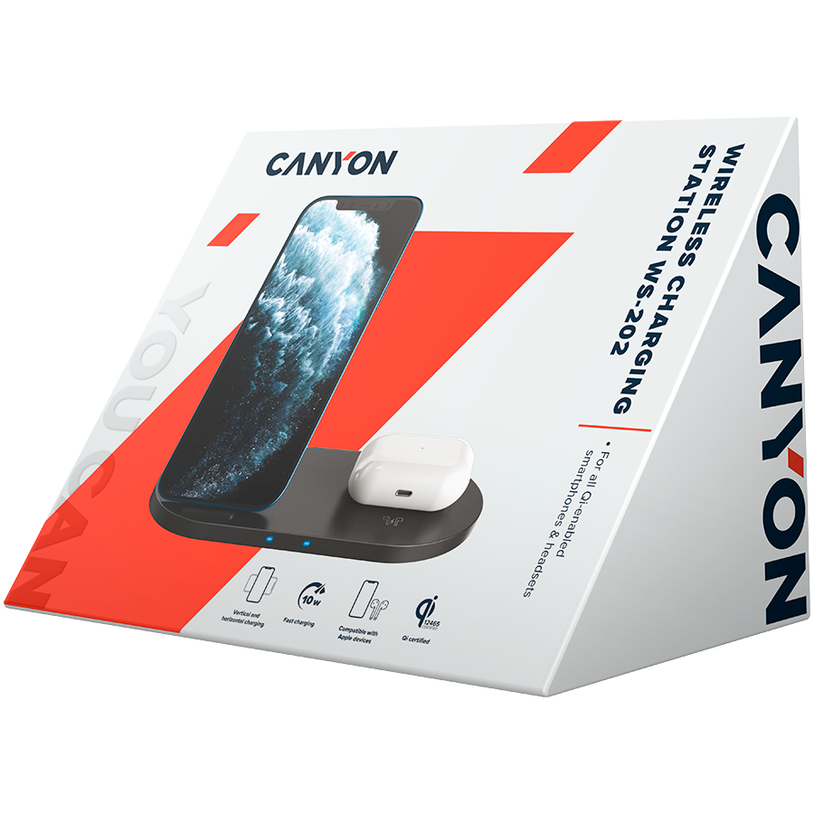CANYON Ładowarka bezprzewodowa WS-202 10W 2w1 Czarna