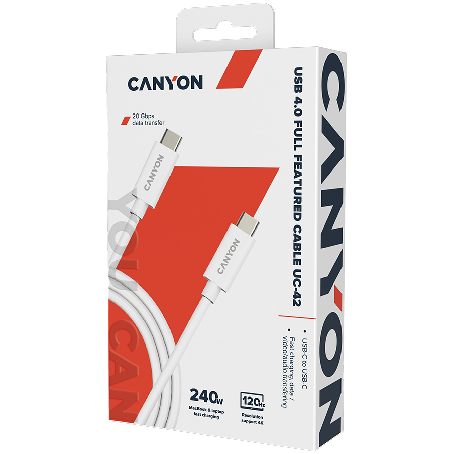 CANYON Kabel UC-42 USB-C do USB-C 240W 20Gbps 4k 2m Biały