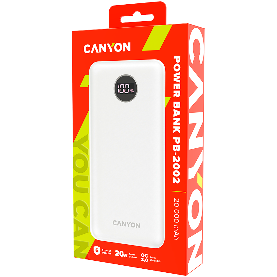 CANYON Powerbank PB-2002 LED 20000 mAh PD 20W QC 3.0 Biały