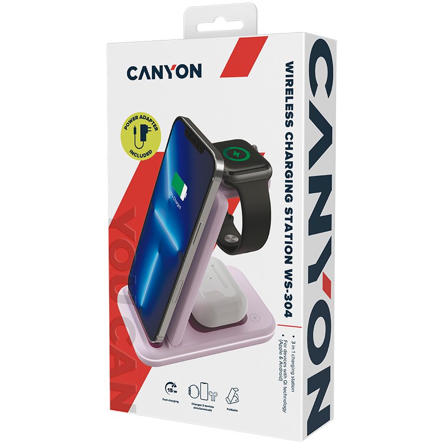 CANYON Ładowarka bezprzewodowa WS-304 15W 3w1 Iced Pink