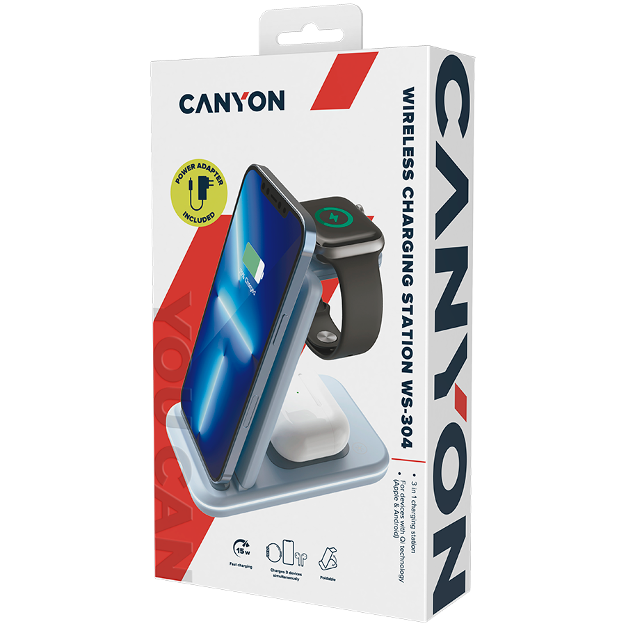 CANYON Ładowarka bezprzewodowa WS-304 15W 3w1 Niebieska