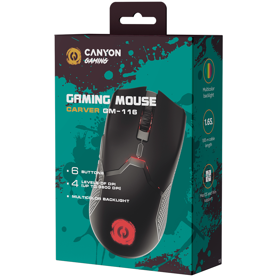 CANYON Mysz gamingowa Carver GM-116 6 Przyc. Przew. Czarna