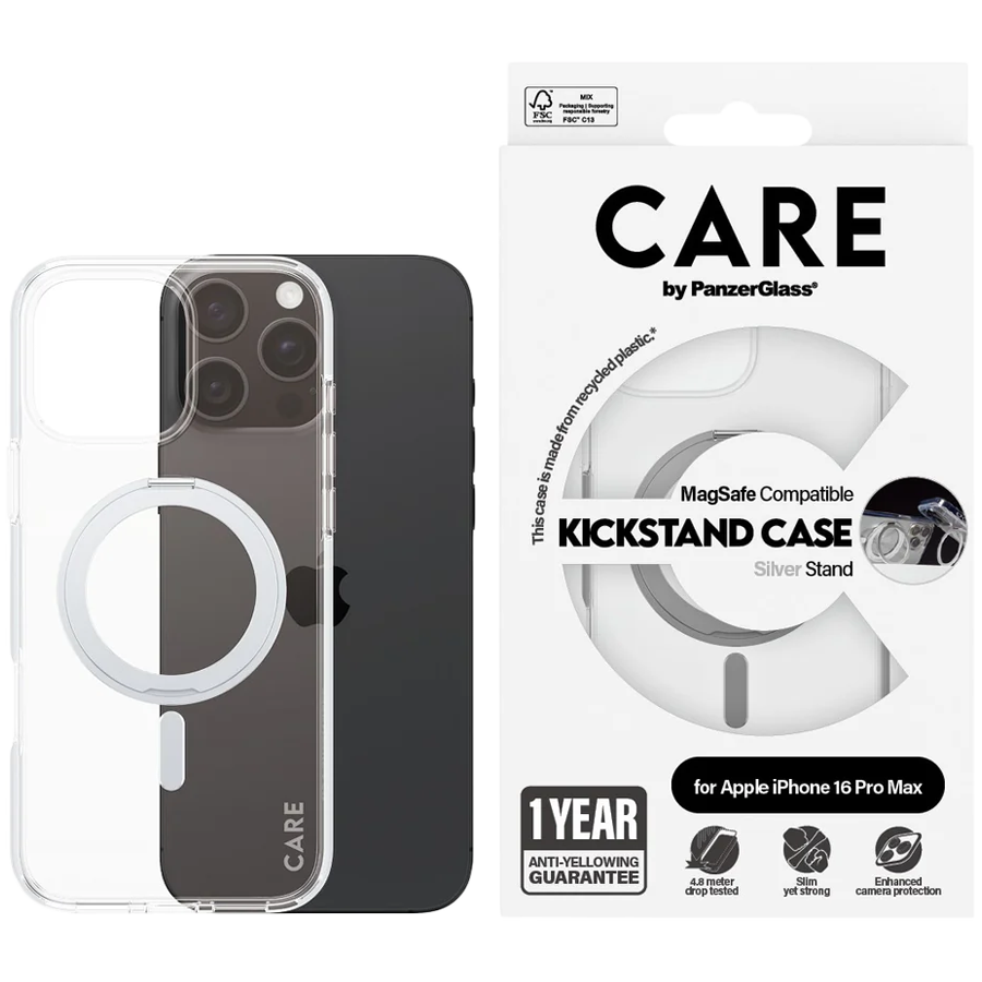 PANZERGLASS Feature Case Transparent w. Silver Kickstand & MagSafe iPhone 16 Pro Max