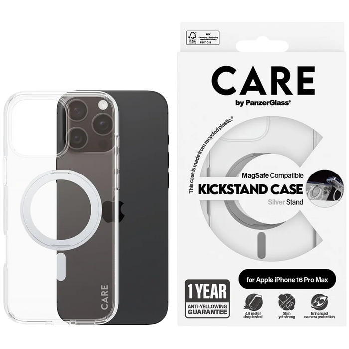 PANZERGLASS Feature Case Transparent w. Silver Kickstand & MagSafe iPhone 16 Pro Max