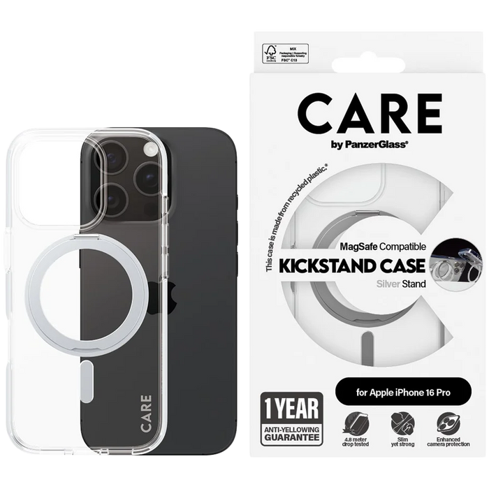 PANZERGLASS Feature Case Transparent w. Silver Kickstand & MagSafe iPhone 16 Pro