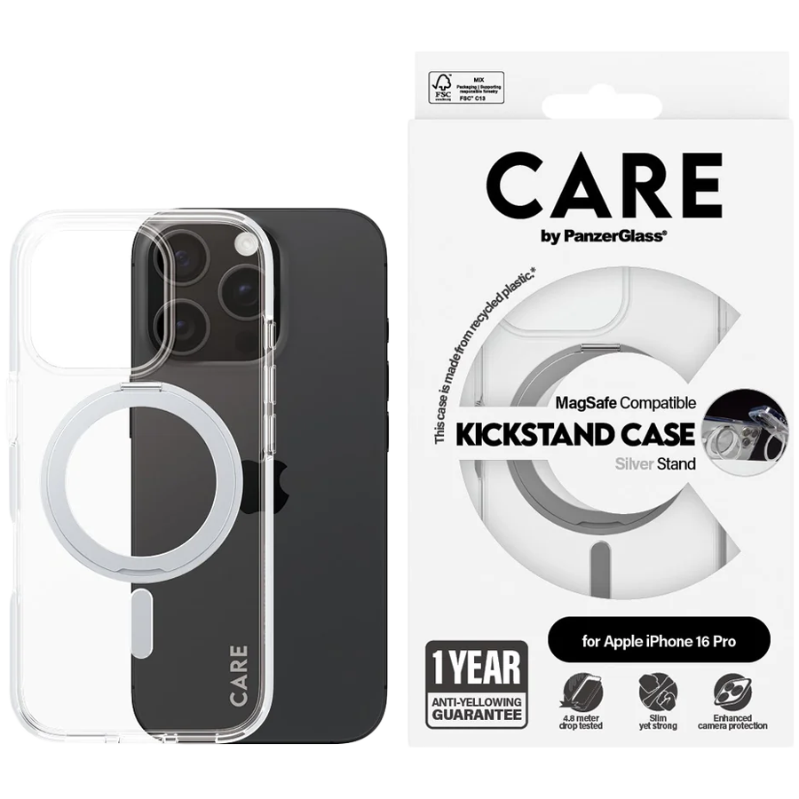 PANZERGLASS Feature Case Transparent w. Silver Kickstand & MagSafe iPhone 16 Pro