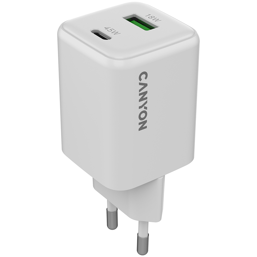CANYON Ładowarka sieciowa CU45AC GaN 45W 1xPD 1xQC EU Biała