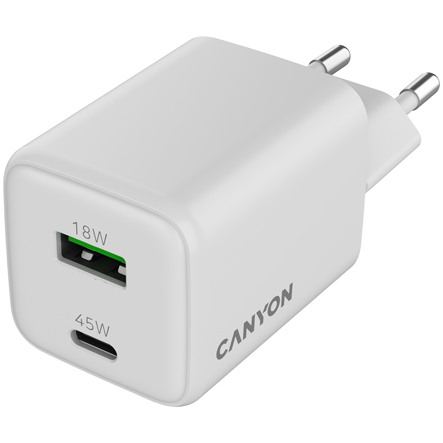 CANYON Ładowarka sieciowa CU45AC GaN 45W 1xPD 1xQC EU Biała