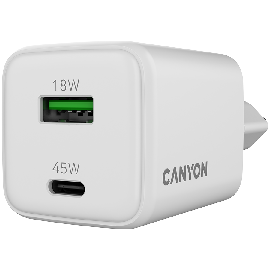 CANYON Ładowarka sieciowa CU45AC GaN 45W 1xPD 1xQC EU Biała