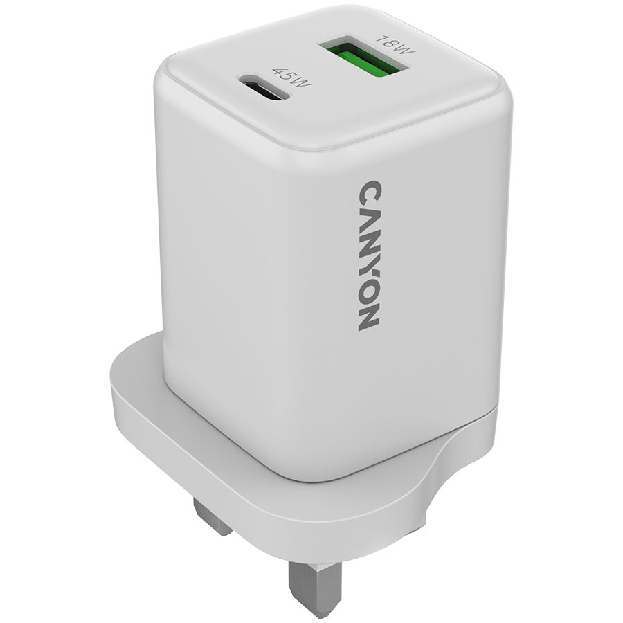 CANYON Ładowarka sieciowa CU45AC GaN 45W 1xPD 1xQC UK Biała