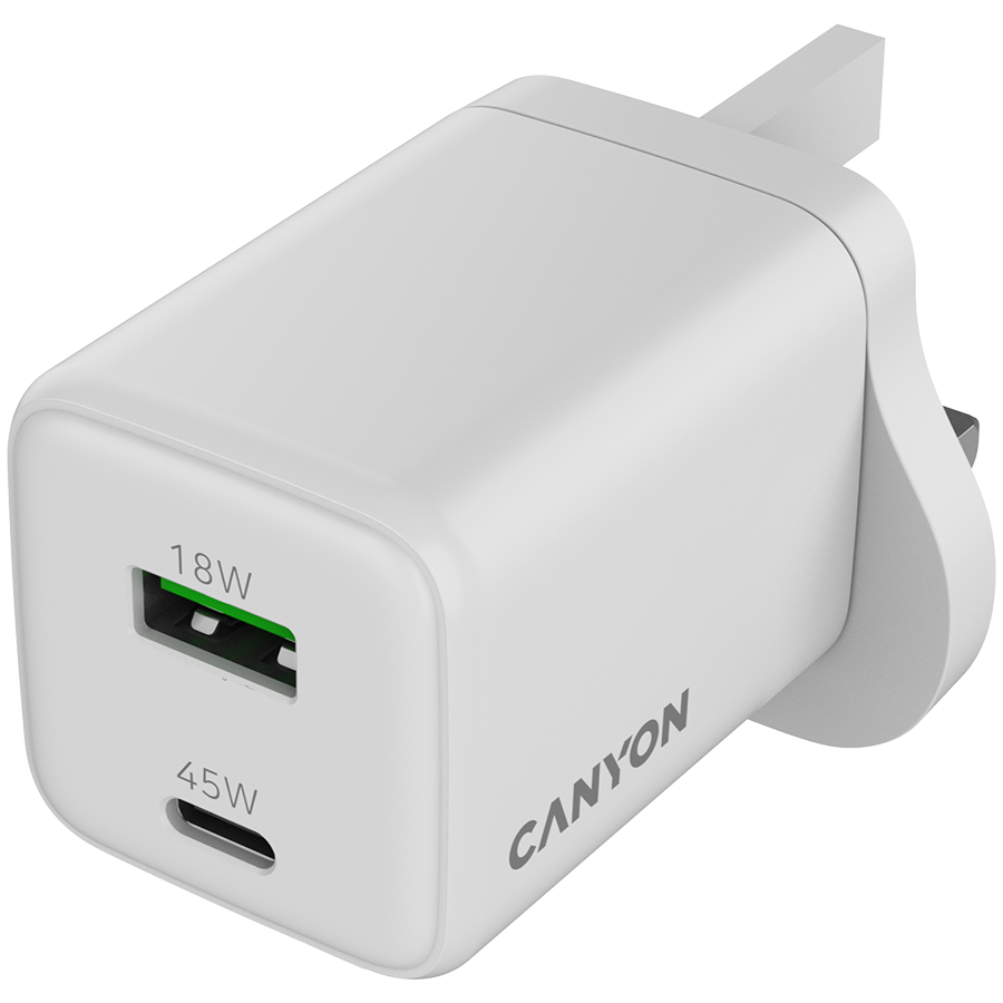 CANYON Ładowarka sieciowa CU45AC GaN 45W 1xPD 1xQC UK Biała