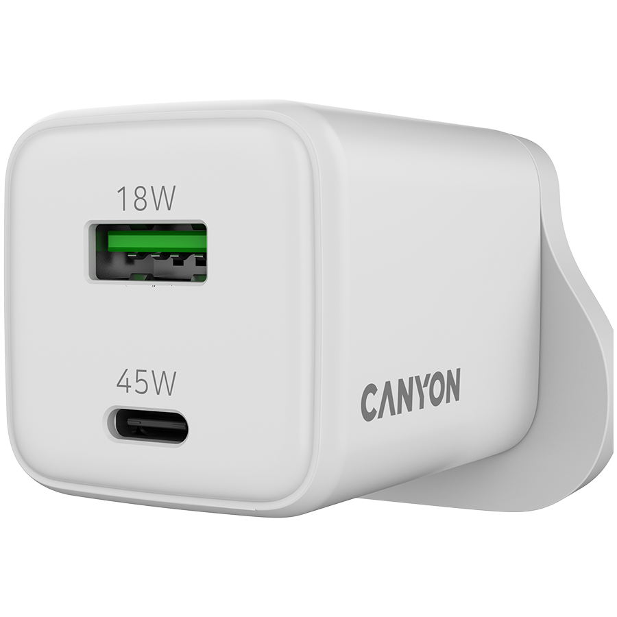 CANYON Ładowarka sieciowa CU45AC GaN 45W 1xPD 1xQC UK Biała