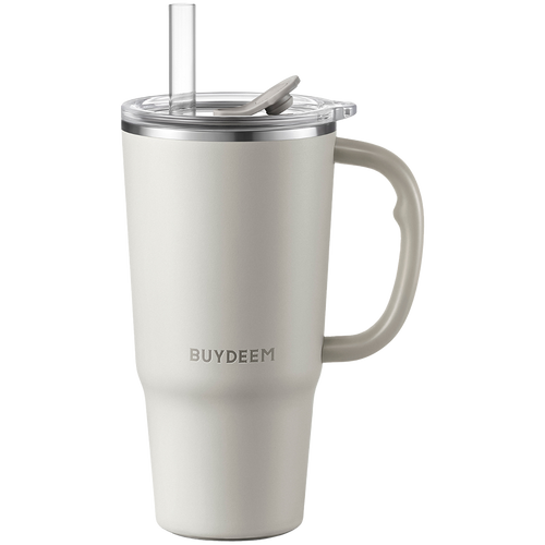 BUYDEEM Kubek termiczny ze słomką 700 ml, DS57, Oat White