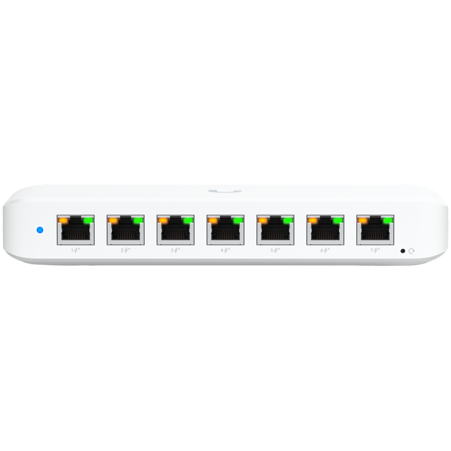 UBIQUITI UniFi Switch Ultra, 8 port, Layer 2, (7) GbE PoE+ output ports, (1) GbE PoE++ input port, 210W