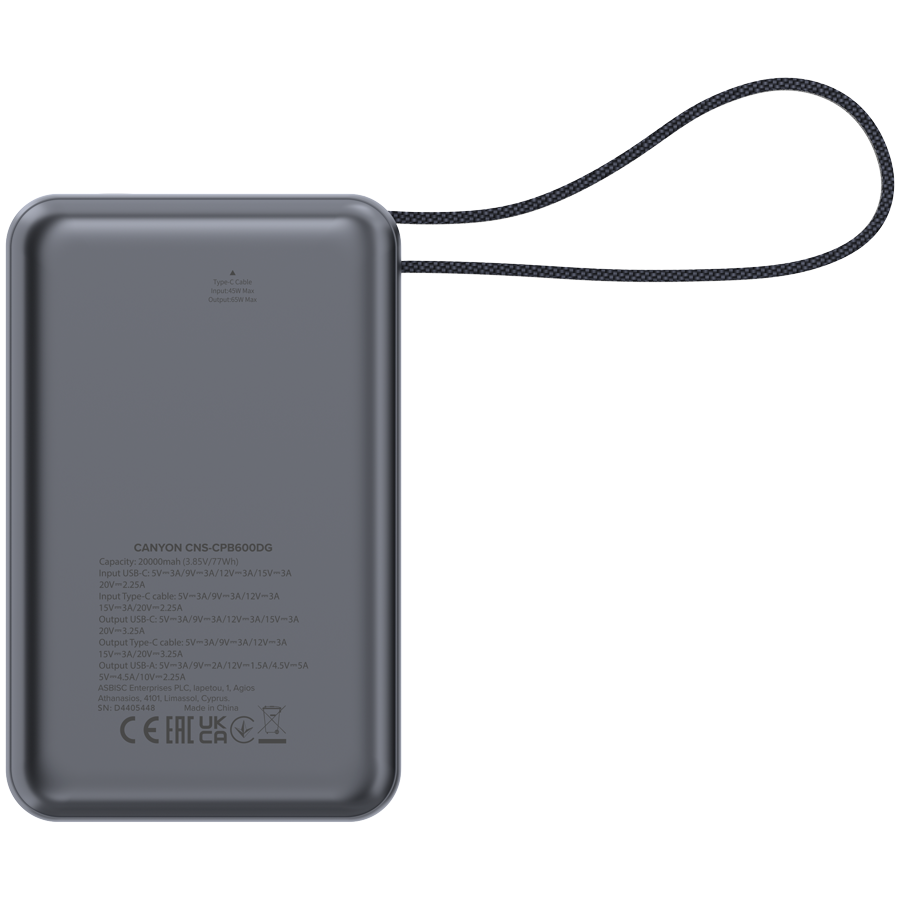 CANYON Powerbank OnPower 600 z kablem 20000 mAh PD65W Grafitowy