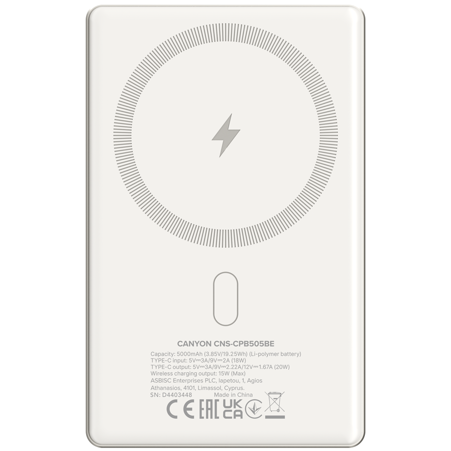 CANYON Powerbank OnPower 505 slim Magsafe 5000 mAh PD20W Beżowy