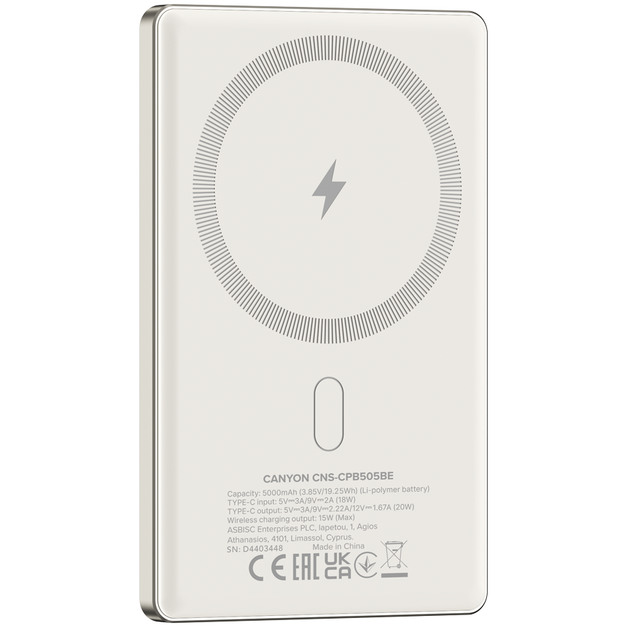 CANYON Powerbank OnPower 505 slim Magsafe 5000 mAh PD20W Beżowy