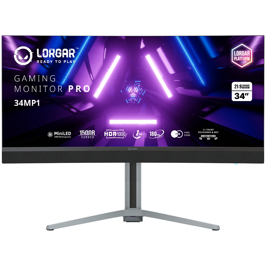 LORGAR UWQHD Mini LED Monitor Gamingowy Pro, 34'' (3440*1440) zakrzywiony, Czarno Szary