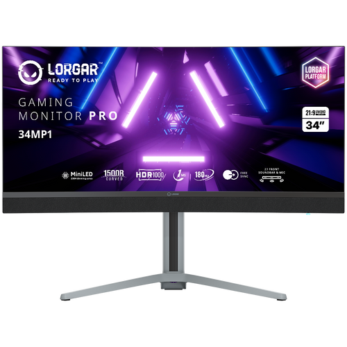 LORGAR UWQHD Mini LED Monitor Gamingowy Pro, 34'' (3440*1440) zakrzywiony, Czarno Szary