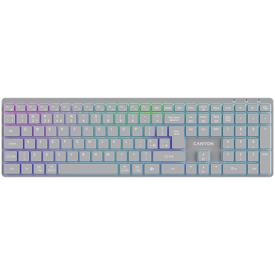 CANYON Klawiatura HKB-W11 UK/US RGB Dwa Tryby Bezprzewodowa Szara