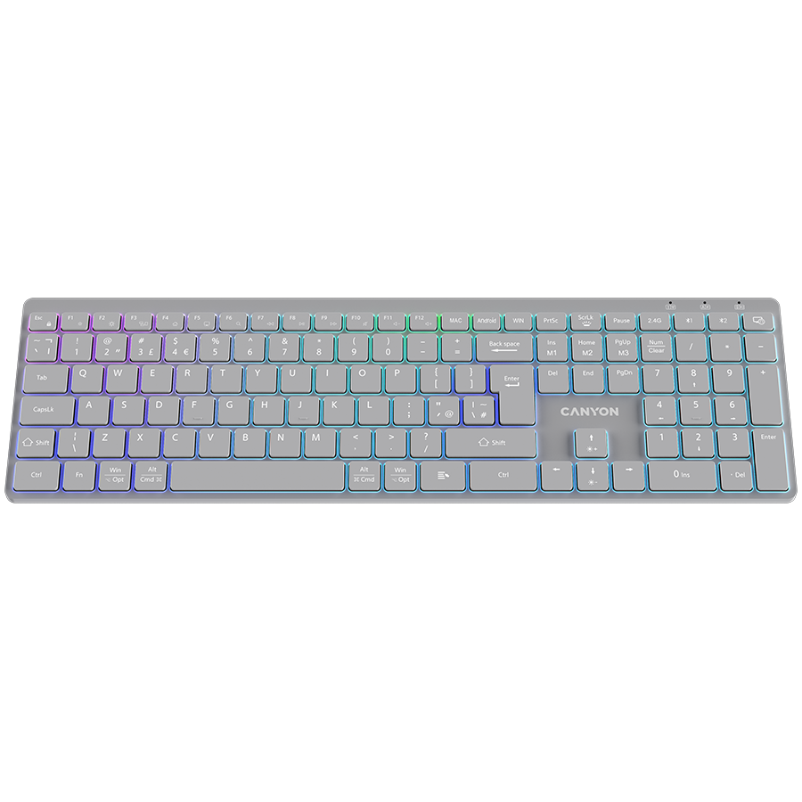CANYON Klawiatura HKB-W11 UK/US RGB Dwa Tryby Bezprzewodowa Szara