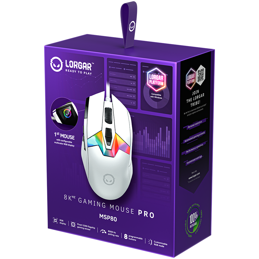 LORGAR Mysz Gamingowa Pro MSP80, 8000 Hz, Biała