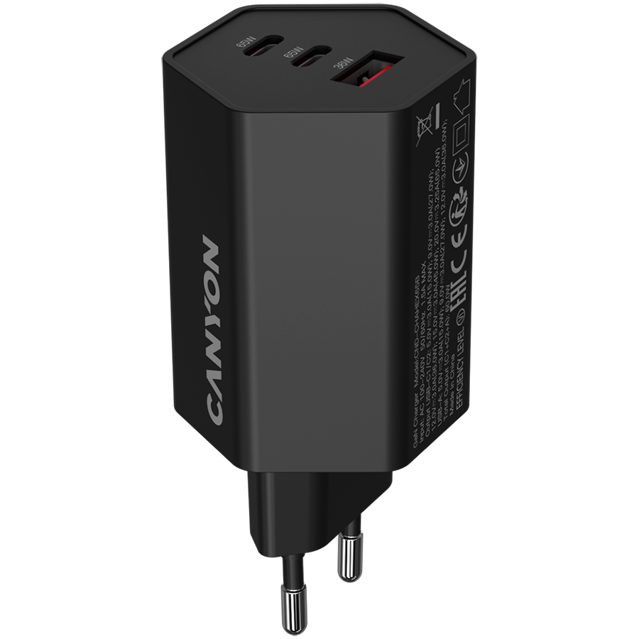 CANYON Ładowarka sieciowa HEXAGON 65 GaN 65W 2xPD 1xQC EU Czarna