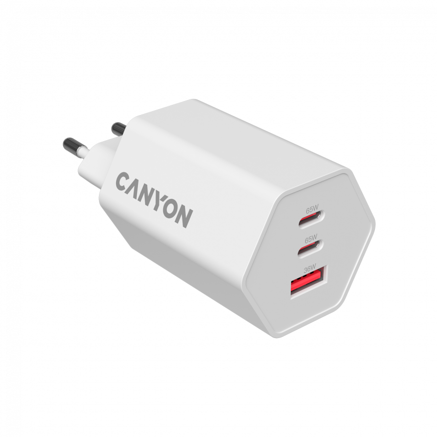 CANYON Ładowarka sieciowa HEXAGON 65 GaN 65W 2xPD 1xQC EU Biała