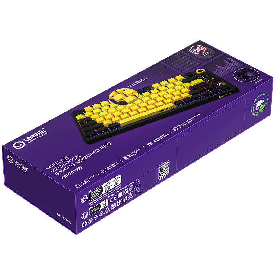 LORGAR Klawiatura Gamingowa Bezprzewodowa, Pro, 75% mechaniczna, Czarno Żółta, układ EN