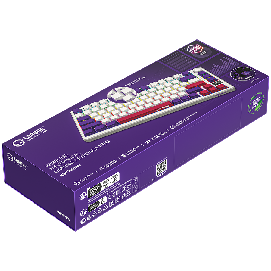 LORGAR Klawiatura Gamingowa Bezprzewodowa, Pro, 75% mechaniczna, Biała, układ EN-9