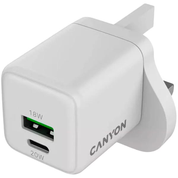 CANYON Ładowarka sieciowa CU20AC GaN 20W 1xPD 1xQC UK Biała