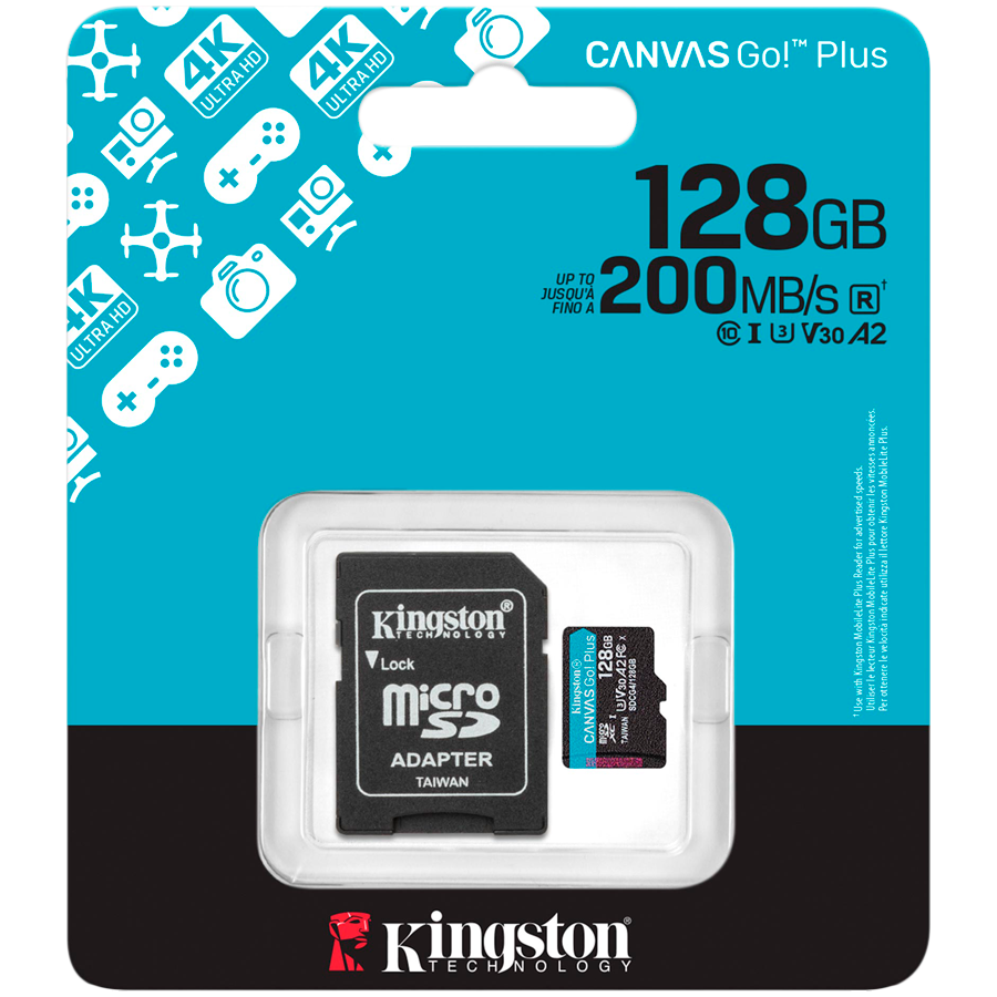 KINGSTON 128GB microSDXC Canvas Go Plus Gen4 200MB/s A2 U3 V30 Card + Adapter