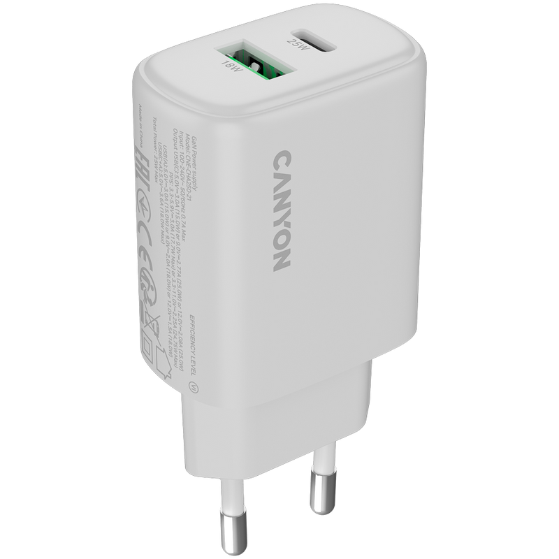 CANYON Ładowarka sieciowa OnCharge 250 25W 1xPD 1xQC EU Biała-6