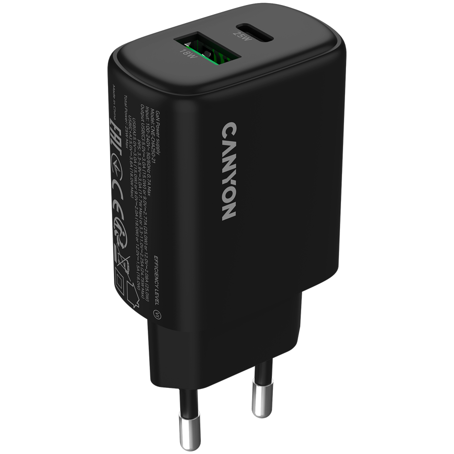 CANYON Ładowarka sieciowa OnCharge 250 25W 1xPD 1xQC EU Czarna