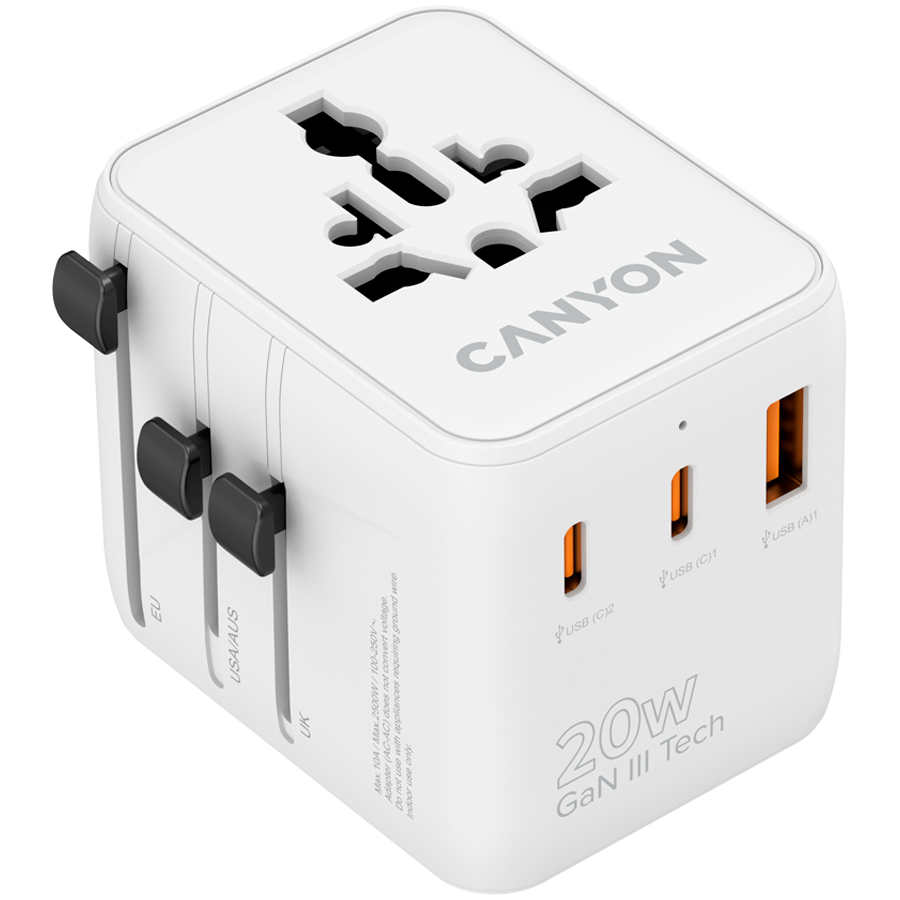 CANYON Adapter Podróżny OnTour 20W EU/UK/US/AUS Biały