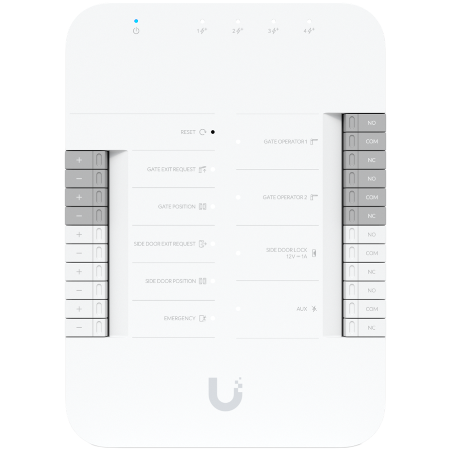 Ubiquiti UA-Hub-Gate advanced Gate Hub enabling seamless gate access control via connected Access readers or Intercom, 2x Gate operator terminals, Lock terminal (12V) for side door, AUX terminal for an external siren
