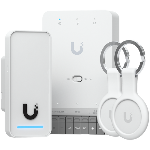 Ubiquity UA-G3-SK all-in-one kit for UniFi Access, designed to manage a single door with one reader. Supports seamless setup and Apple Touch Pass for modern, secure access control, Door Hub Mini, G3 Reader, 2x Pocket Keyfobs