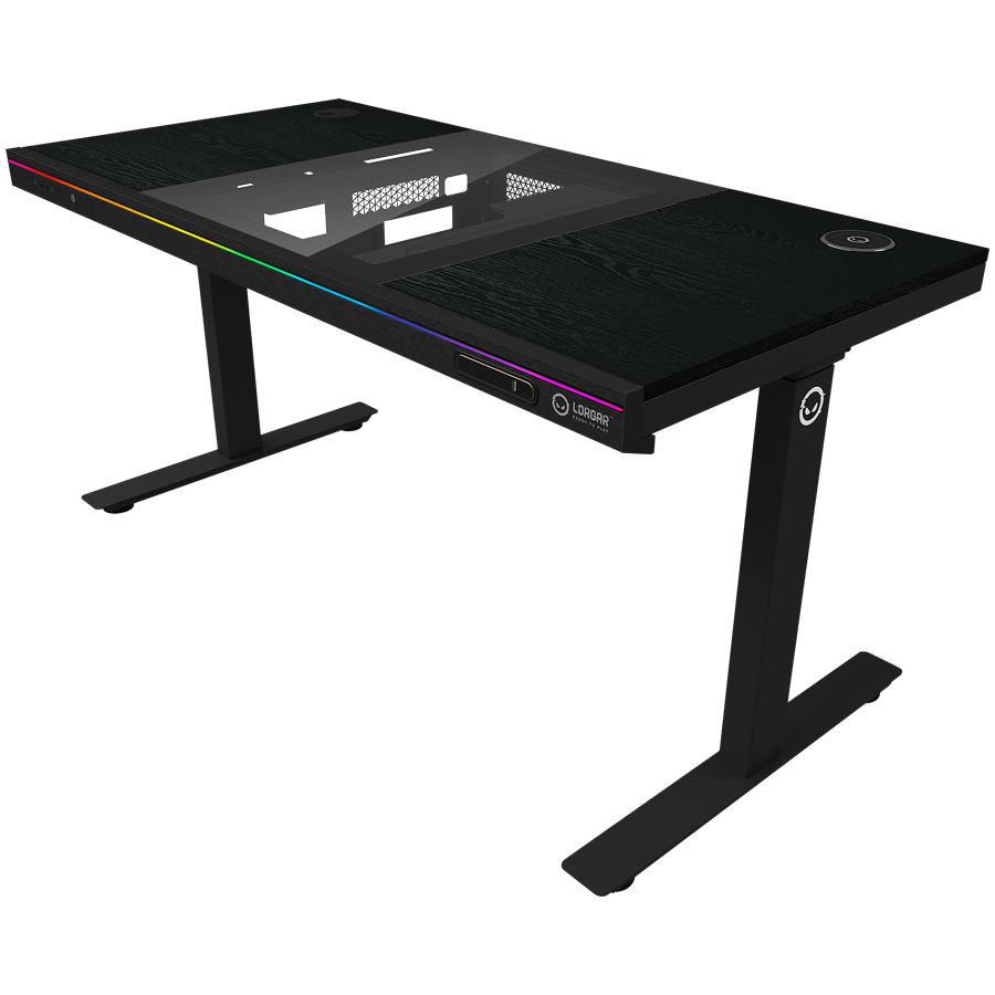 Dual-motor sit/stand adjustable-height gaming desk with built-in PC case, wireless charger, RGB lighting, control panel, and USB ports, PB melamine surface tabletop, black.