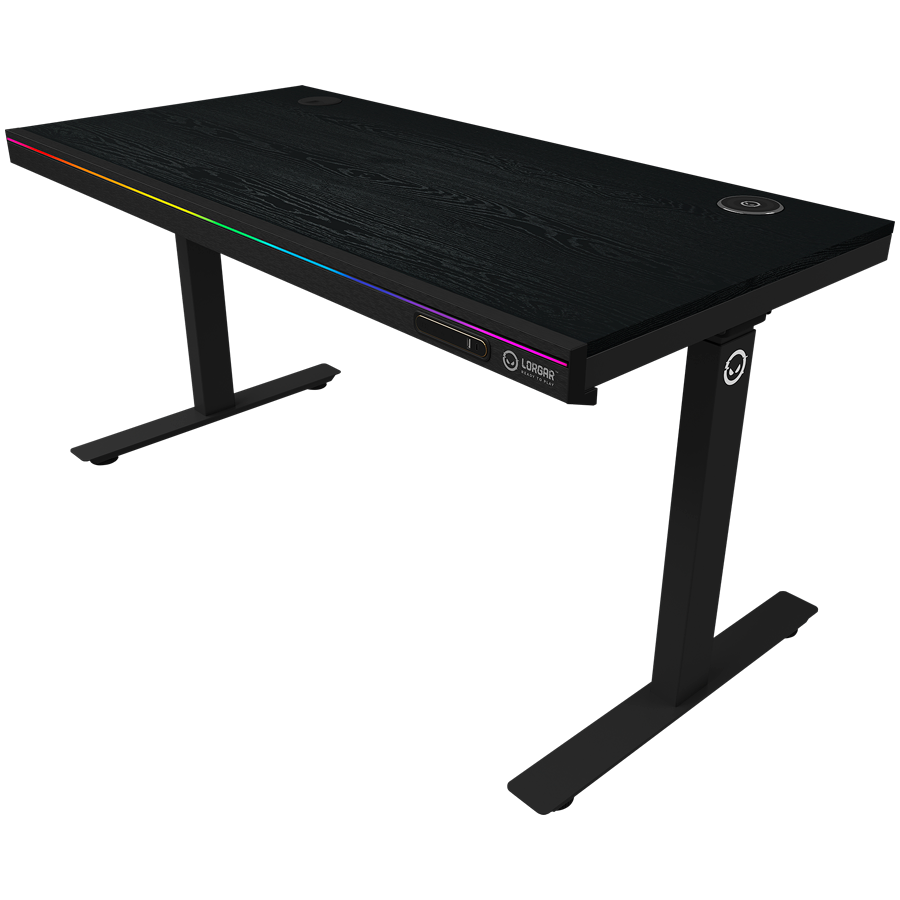 Dual-motor sit/stand adjustable-height gaming desk with wireless charger, RGB lighting, control panel, and USB ports, PB melamine surface tabletop, black.